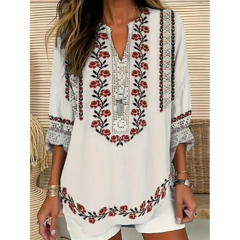 Women's Blouse Tunic V Neck Long Sleeve Boho Casual Graphic Geometric Paisley Elegant Bohemia Vintage Regular Tops Daily Print Black Blue Light Grey Beige2