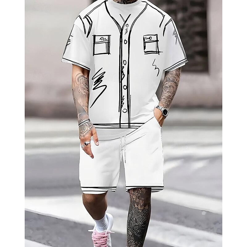Men's T-shirt Suits 2 Pieces Outfits Tee & Shorts Short Sleeve Crew Neck Summer Graphic Fashion Casual 2 Piece Vacation Daily Wear Going out Black White Top Tee for Men3