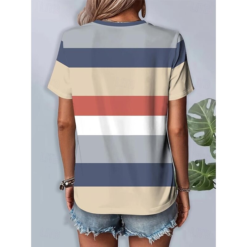 Women's T Shirt Graphic Striped Vintage Stylish Classic Short Sleeve Crew Neck Round Neck Regular Tops Daily Weekend Print Blue Summer Spring3