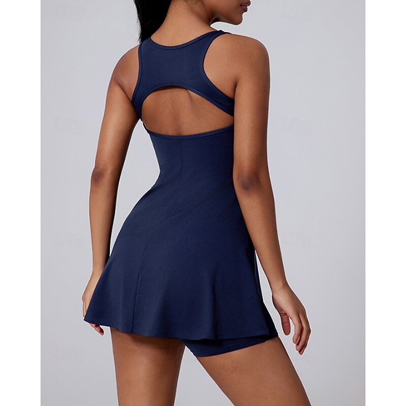Women's Solid Colored Tennis Dress with Shorts Sports Dress Sleeveless Pleated Breathable Tennis Golf Pickleball Square Neck Dress Cutout Back White Yellow Dark Navy Tennis Clothing4