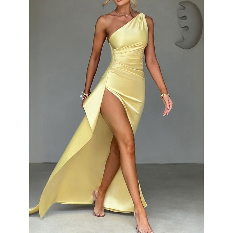 Mermaid / Trumpet Party Dresses Elegant Dress Wedding Wedding Guest Floor Length Sleeveless One Shoulder Satin with Ruched Details2