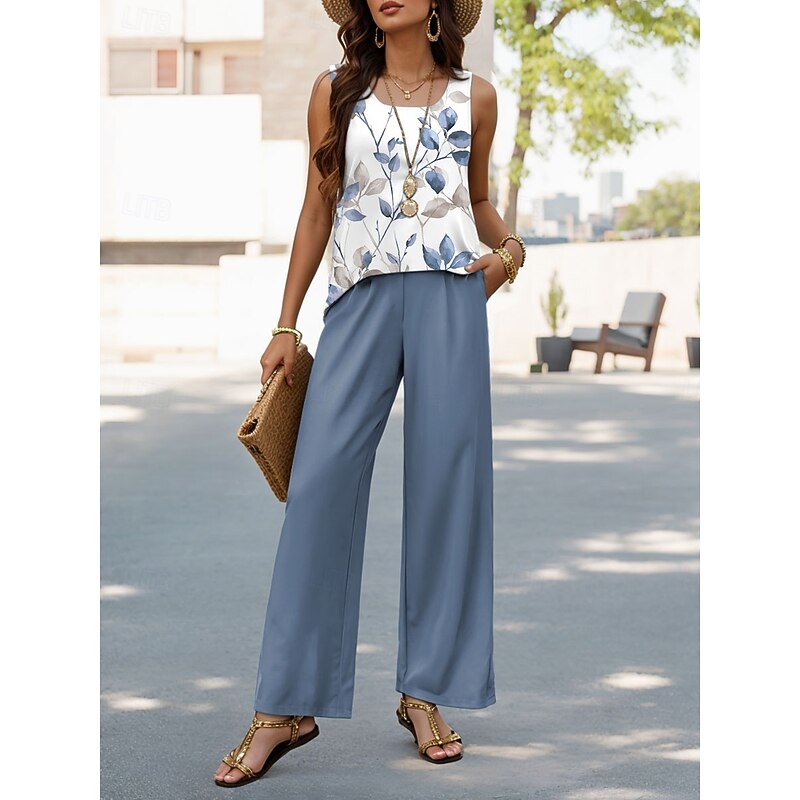 Women's Pants Sets Vacation Daily  Sleeveless U Neck Floral Graphic Casual Daily Blue Purple Green Summer Regular Fit