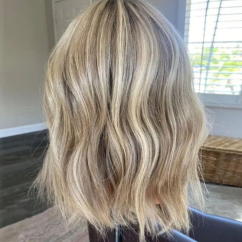 Short 100% VirginRemy Human Hair 5x5 Closure 13x4 Lace Front Wig Layered Haircut Brazilian Hair Wavy Blonde Wig Highlighted Colored Hair Natural Hairline Glueless For Women3