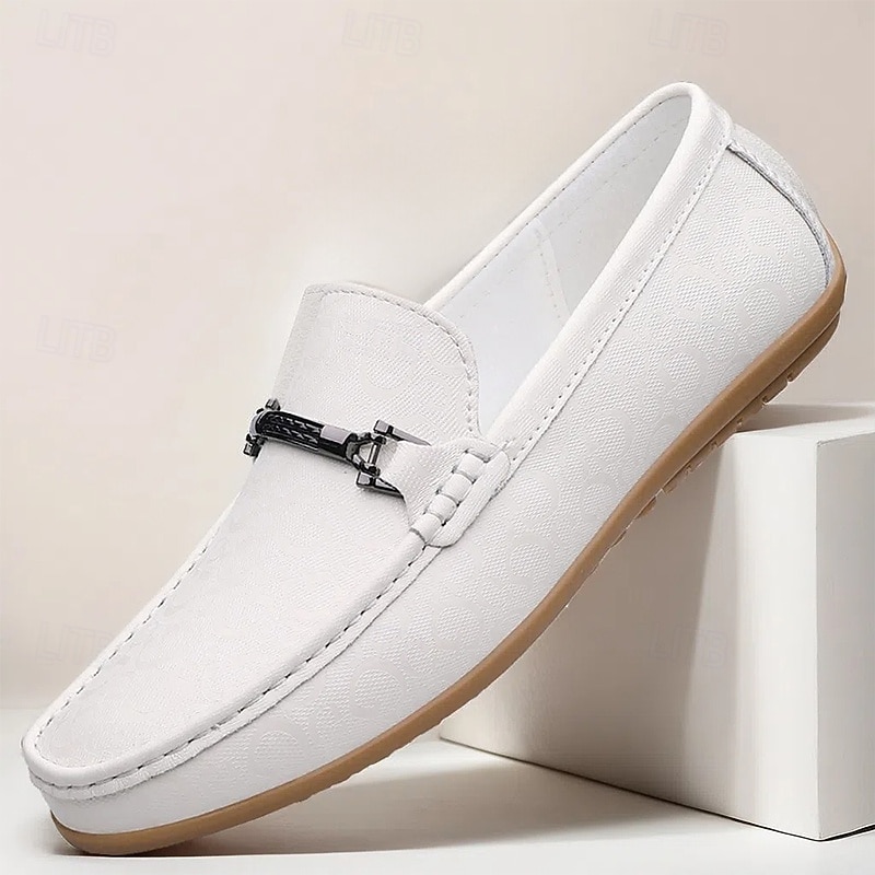 Men's White Loafers with Silver Accents, Lightweight Casual Shoes, Ideal for Everyday Wear and Vacation Getaways