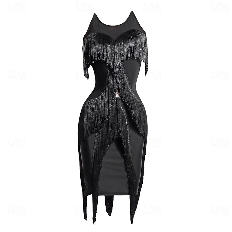 Latin Salsa Dance Dress Tassel Pure Color Splicing Women's Performance Training Sleeveless Polyester Mesh4