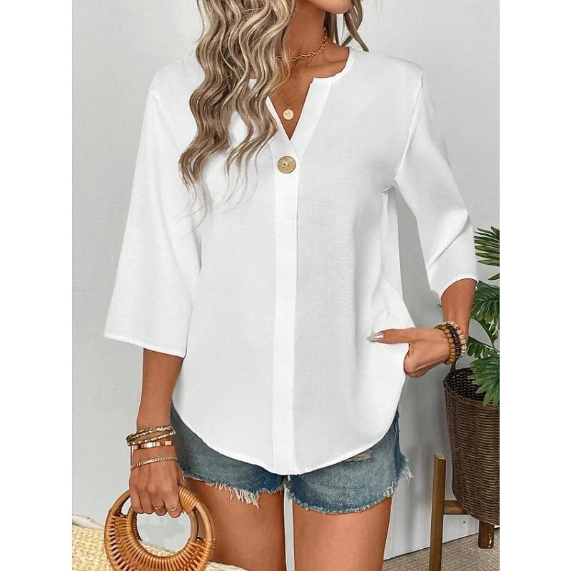 Women's Blouse Solid Color Stylish Casual 3/4 Length Sleeve V Neck Regular Tops Daily Holiday Buttons Black White Orange Summer Spring