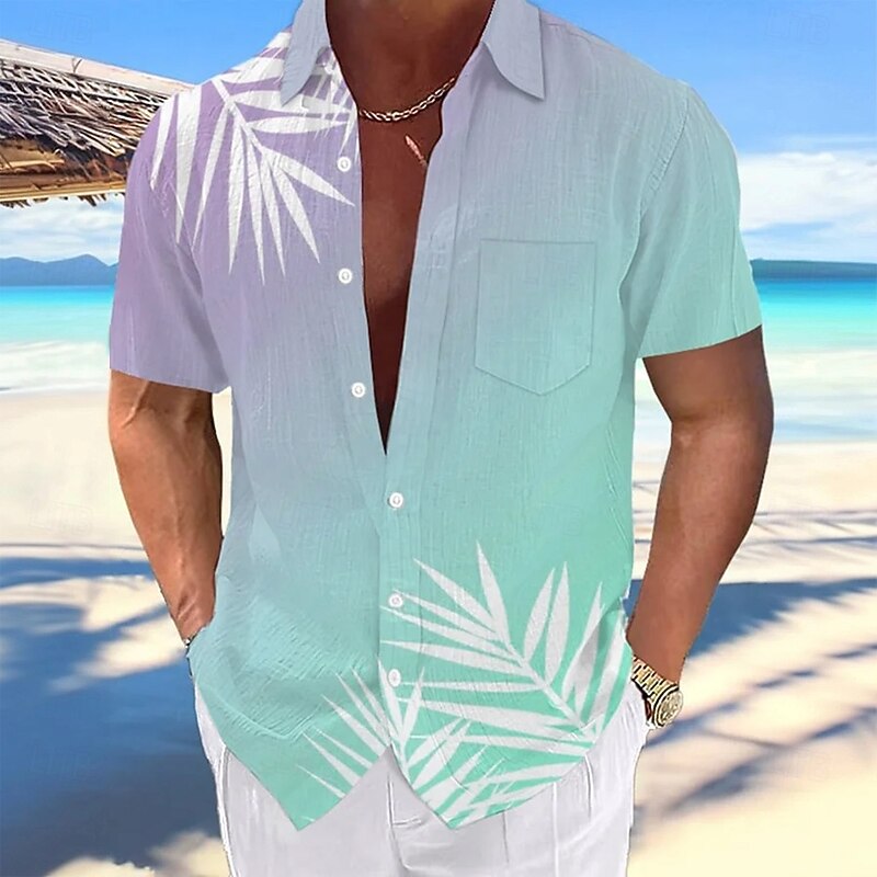 Men's Gradient Color Palm Leaf Tropical Plants Shirt Summer Hawaiian Shirt Button Up Shirt Short Sleeve Hawaiian Vacation Beach Wear Summer Turndown 3D Print Front One Pocket Linen Like Shirt Blue4