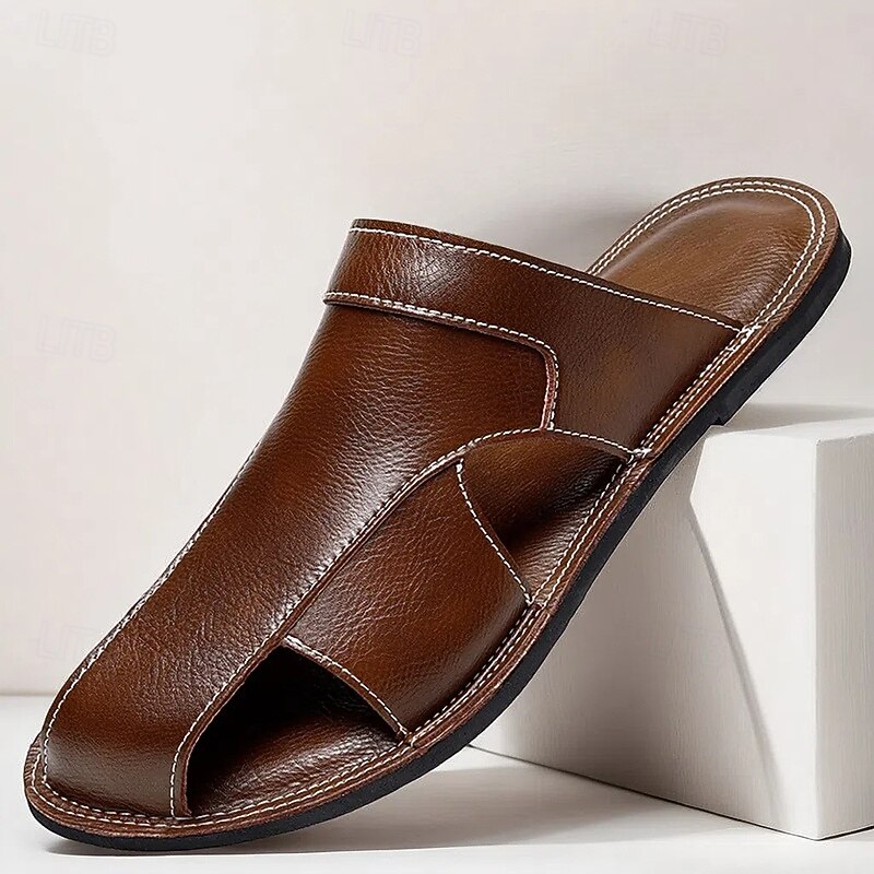 Men's Brown Faux Leather Slide Sandals – Premium Quality with Cross-Strap Design, Perfect for Summer Vacations, Casual Outings  and Relaxed Comfort
