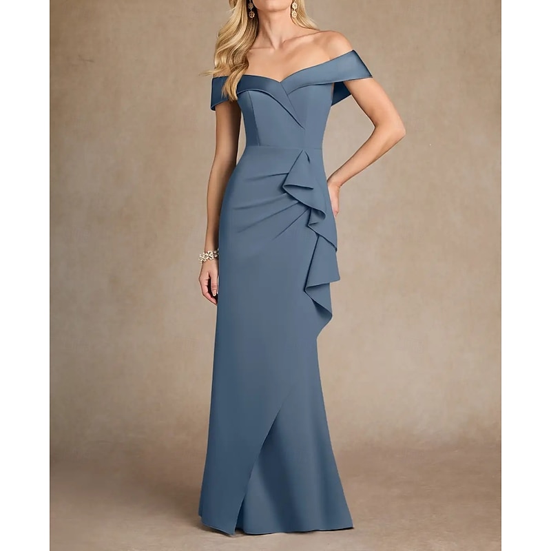 Mermaid / Trumpet Bridesmaid Dress Off Shoulder Short Sleeve Elegant Floor Length Stretch Fabric with Ruffles / Ruching3