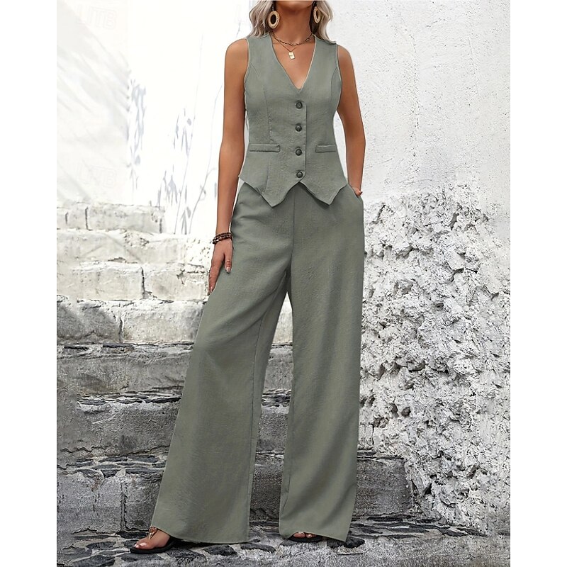 Women's Active Blouse Vest Pants Sets Sleeveless V Neck Solid Color Dubbele Rij Knopen Outdoor Vacation Blue Green Khaki Summer Regular Fit - Main Image