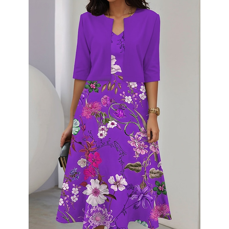 Women's Two Piece Dress Sets Midi Dress with Jacket Elegant A Line Dress Half Sleeve Party Cocktail Floral Print V Neck Wedding Guest Daily Red Blue Purple Regular Fit4
