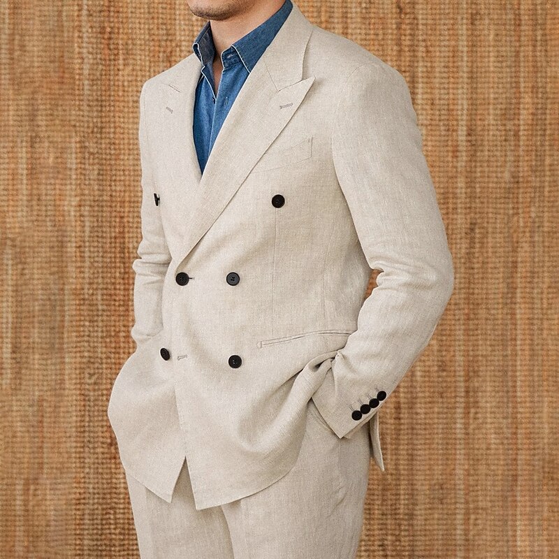 Men's Wedding Business Suits Peaked Lapel Beige Fashion Formal Solid Colored Standard Fit 2 Piece Double Breasted Six-buttons3