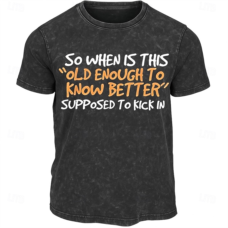 Men's Retro Funny Slang T shirt Tee Washed Shirt 100% Cotton Short Sleeve Graphic Shirt Black Comfortable Tee Street Daily Fashion Designer Clothing