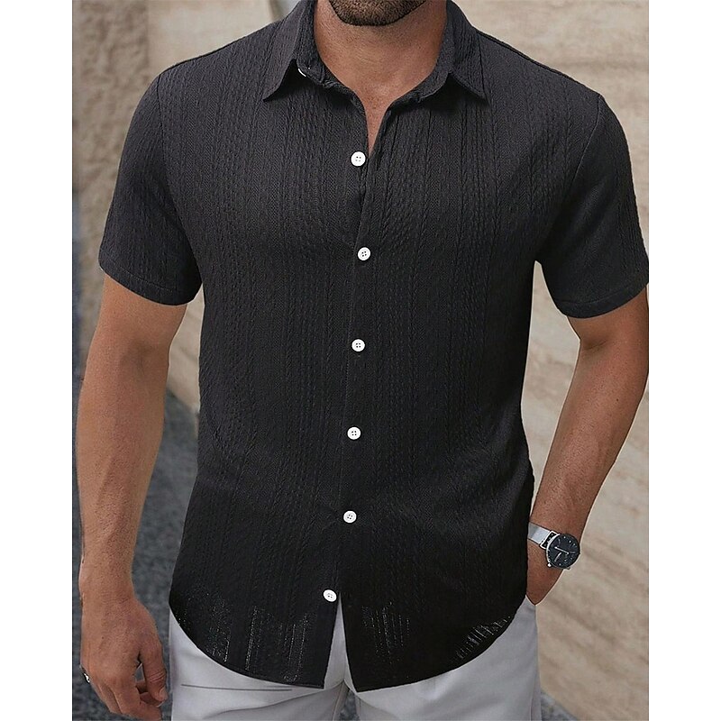 Men's Shirt Summer Shirt Casual Shirt Beach Shirt Button Up Shirt Light Pink Black White Burgundy Beige Short Sleeve Solid / Plain Color Lapel Vacation Hawaiian Clothing Apparel Polyester Fashion3
