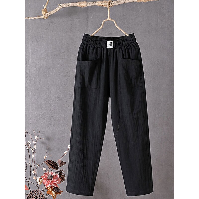 Women's Chinos Harem Pants Solid Color Vintage Fashion Streetwear Ankle-Length High Waist Plain Pocket Elastic Waist Comfort Outdoor Micro-elastic Vacation Street Daily Apricot Grey Black White4