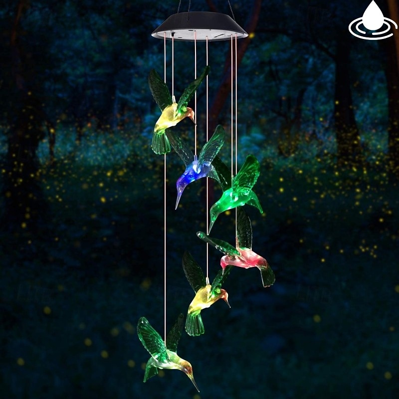Solar Wind Chimes Color Changing Outdoor Solar Hummingbird Lights Waterproof LED Wind Chimes Solar Powered Lights for Home Garden Patio Window Decoration