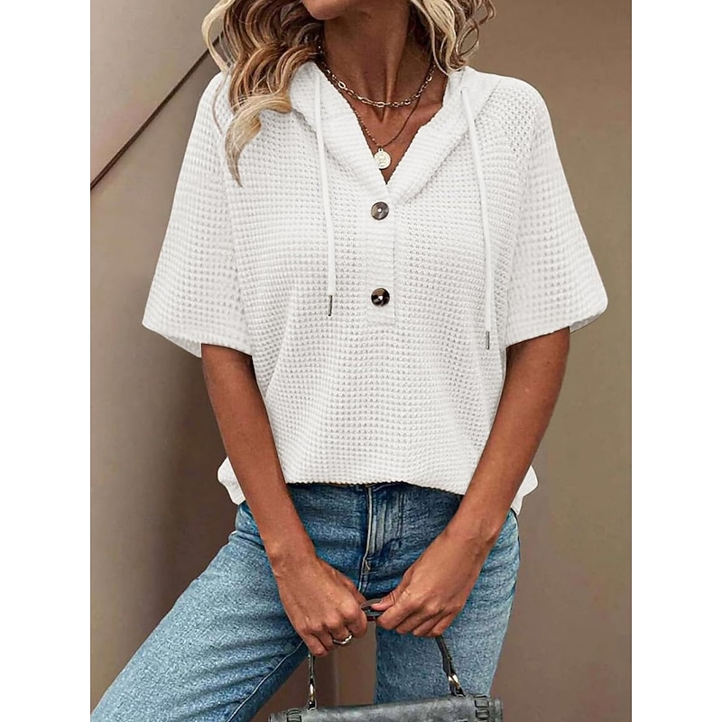 Women's Blouse Plain Basic Modern Short Sleeve V Neck Regular Tops Daily Buttons Black White Pink Red Navy Blue Summer3