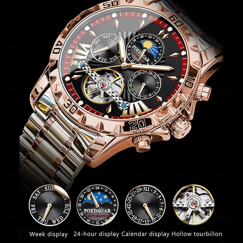 Luxury Automatic Mechanical Watch for Men, Hollow Tourbillon, Waterproof, Luminous, Date Week, Stainless Steel4