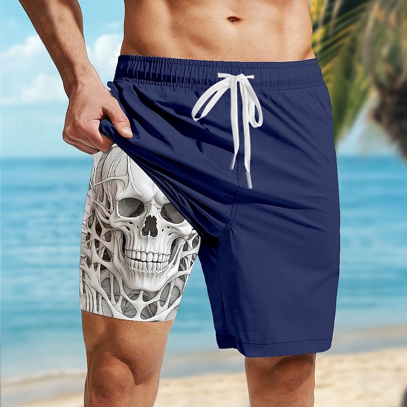Men's Skull Lined Shorts 2 in 1 Board Shorts Swim Shorts Mid Waist Hawaiian Casual Vacation Holiday Beach Wear Side Pockets Color Block With Compression Liner Designer Clothing Apparel4