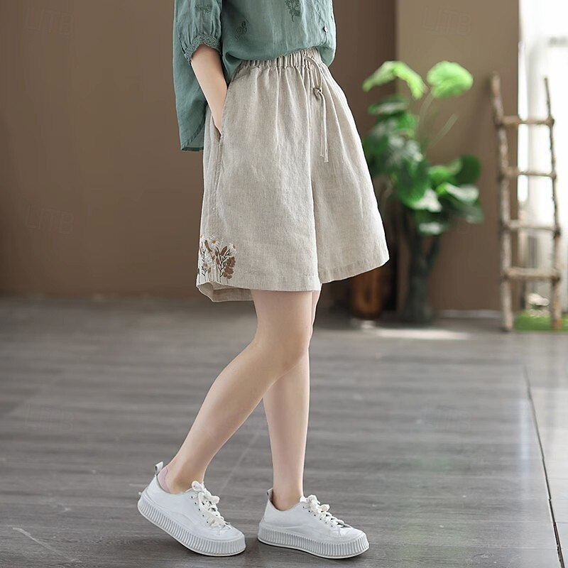Women's Linen-Inspired Shorts Shorts Slacks Streetwear Casual Short Natural Plain Embroidered Pocket Elastic Drawstring Design Comfy Outdoor Comfortable Street Going out Gray Green Apricot Black Blue