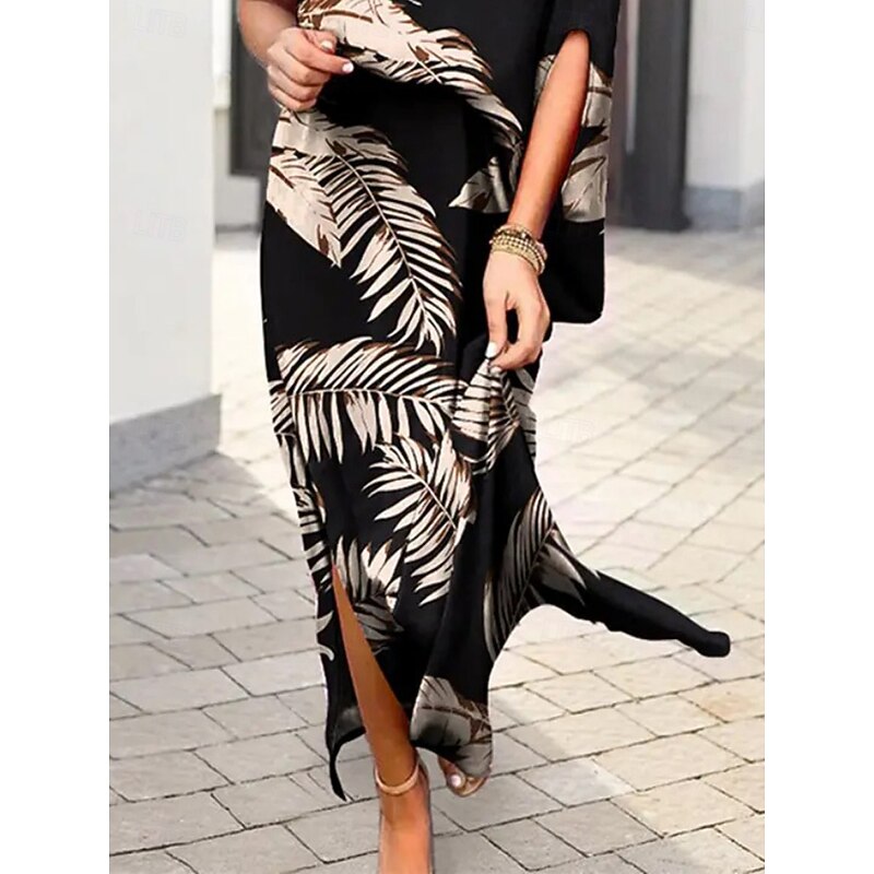 Women's Maxi Dress Off The Shoulder Dress Vacation Casual Boho Outdoor Beach Loose Fit Graphic Leaf 3/4 Length Sleeve One Shoulder Black White Blue Khaki Summer3