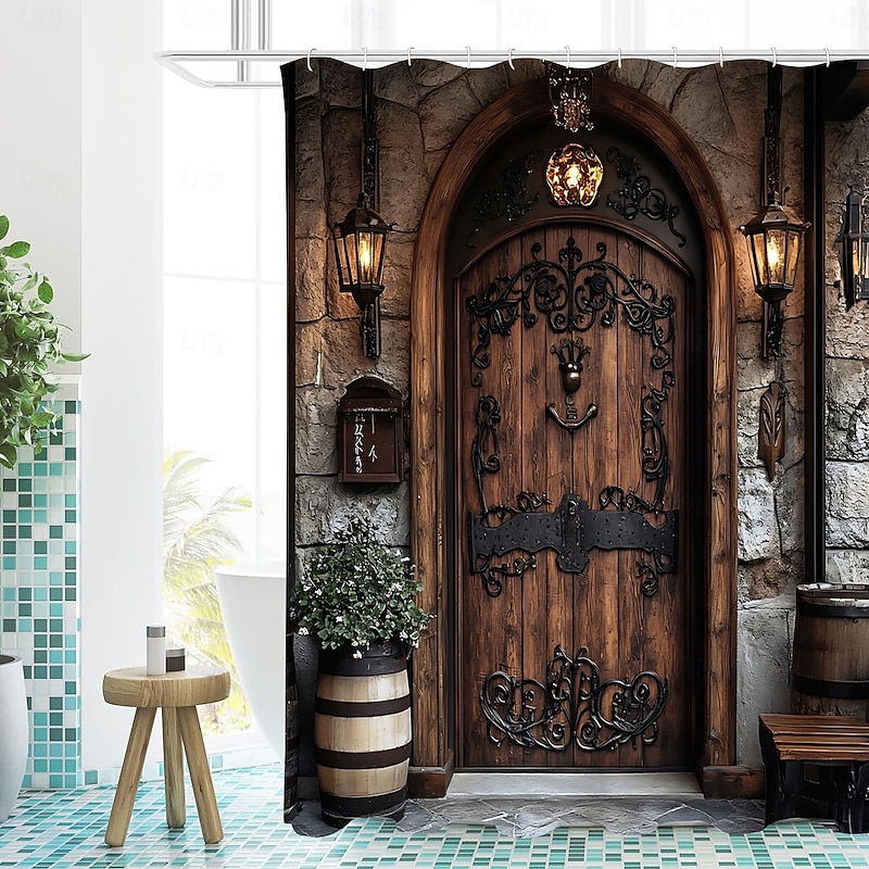 Shower Curtain with 12 Hooks 180cm*180cm(70"*70") Polyester Machine Washable Waterproof Vintage Fake Door Barn Pattern4