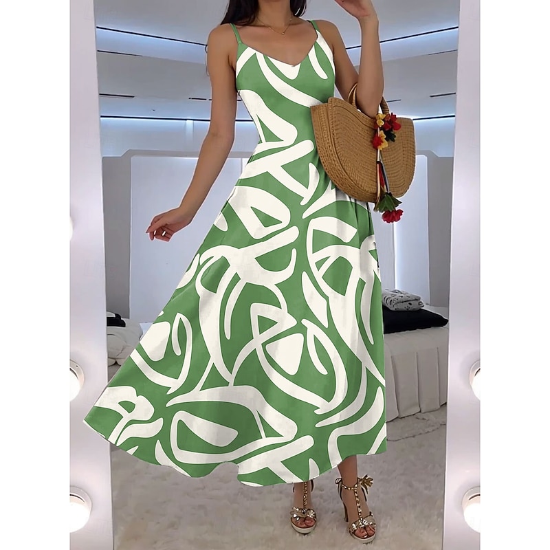 Women's Maxi Dress A Line Dress Slip Dress Vacation Casual Beach Outdoor Going out Standard Fit Graphic Geometric Abstract Sleeveless V Neck Red Blue Green Summer4
