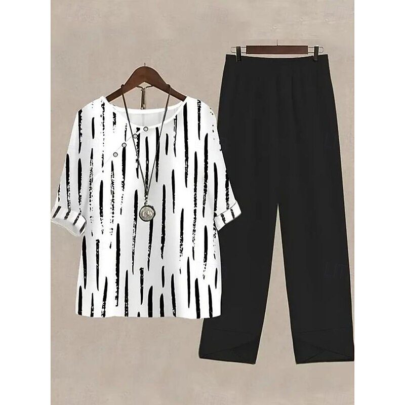 Women's Shirt Basic Pants Sets Half Sleeve Round Neck Floral Graphic Geometric Print Holiday Weekend Black Royal Blue Blue Summer Regular Fit2