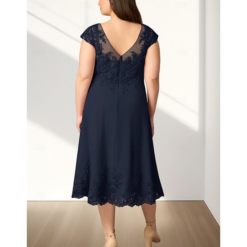 A-Line Mother of the Bride Dress Wedding Guest Elegant Crew Neck Tea Length Chiffon Short Sleeve with Appliques Midi Dress2