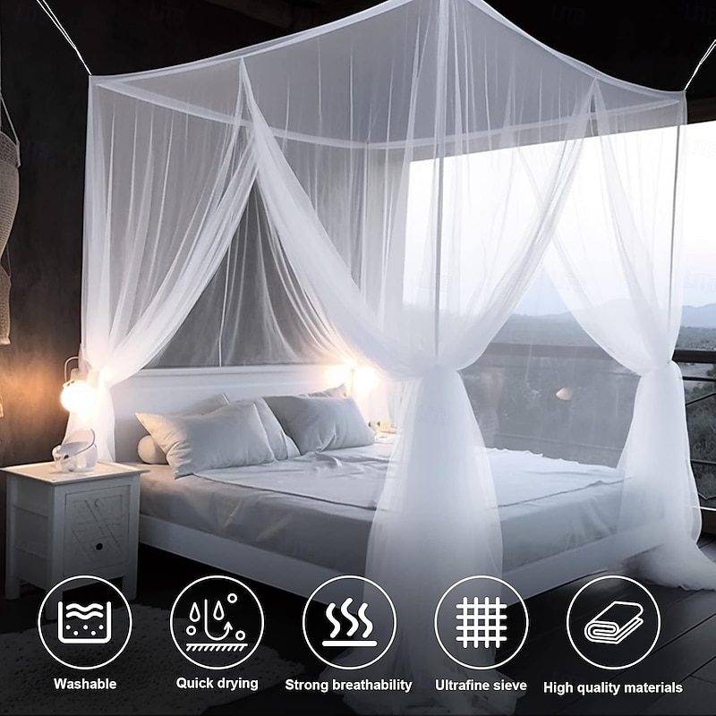 Mosquito Net for Single to King-Sized Beds, 2 Openings or Fully-Enclosed Bed Canopy, Rectangular White Universal Netting Canopy for Indoor Outdoor Use, Ideal for Home, Travel4