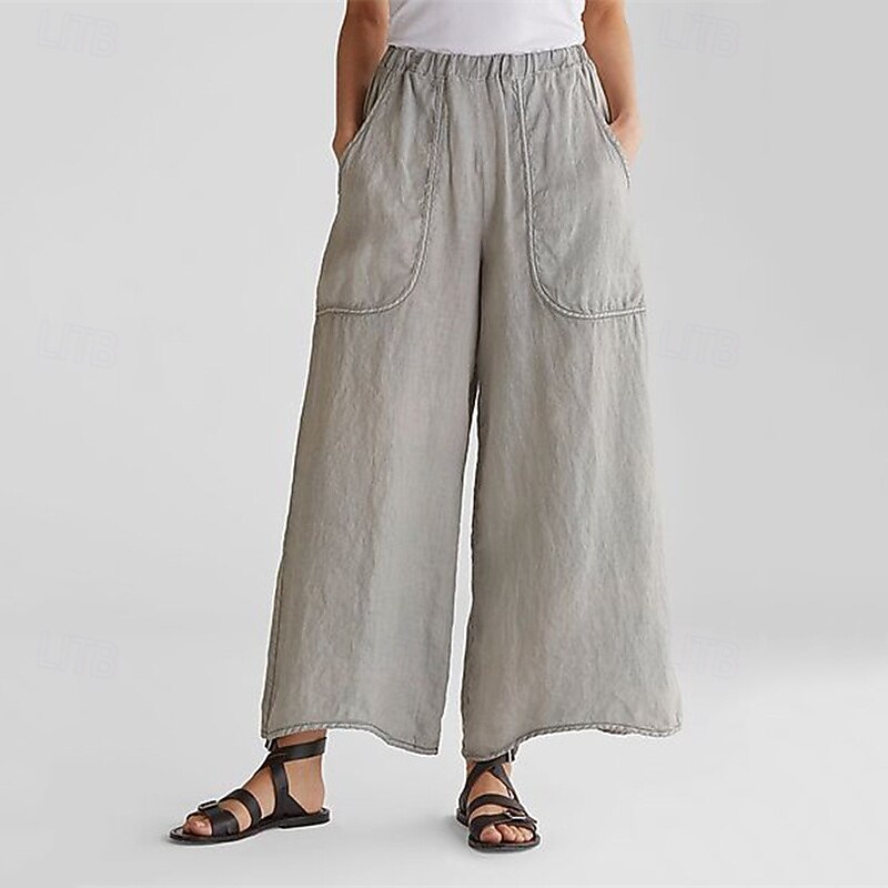 Women's Cotton Linen Pants Palazzo Pants Fashion Streetwear Comfort Ankle-Length Mid Waist Plain Elastic Waist Comfy Outdoor Comfortable Street Daily Wear Going out Black Army Green Green Light Grey