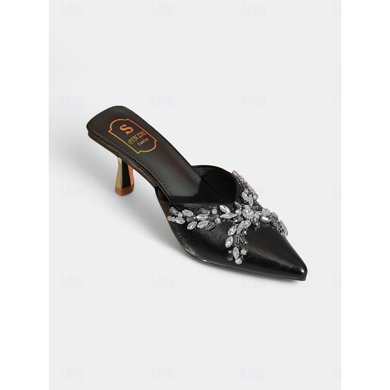 Women's Black Rhinestone Pointed-Toe Mules – Slip-On Kitten Heels with Crystal Embellishments for Elegant Cocktail Parties and Evening Events4