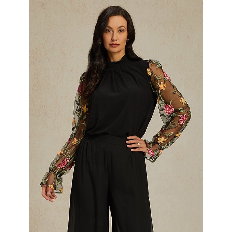 Women's Tunic Solid Color Plain Elegant Casual Long Sleeve Crew Neck Regular Tops Daily Embroidered Mesh Black Spring Fall