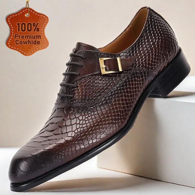 Men's Dark Brown Crocodile Pattern Leather Oxford Shoes with Buckle – Elegant Prom Dress Shoes for Formal Occasions - Main Image