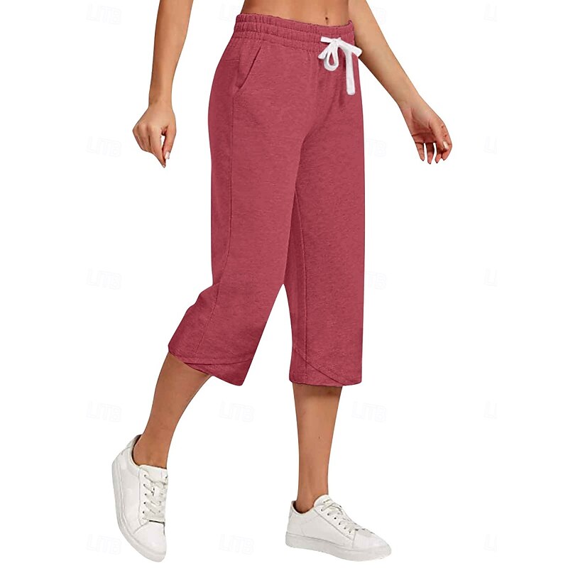 Women's Cotton Linen Pants Capri Pants Solid Color Chinos Basic Casual Calf-Length High Waist Plain Pocket Drawstring Comfort Outdoor Micro-elastic Vacation Street Daily Black White Red Apricot4