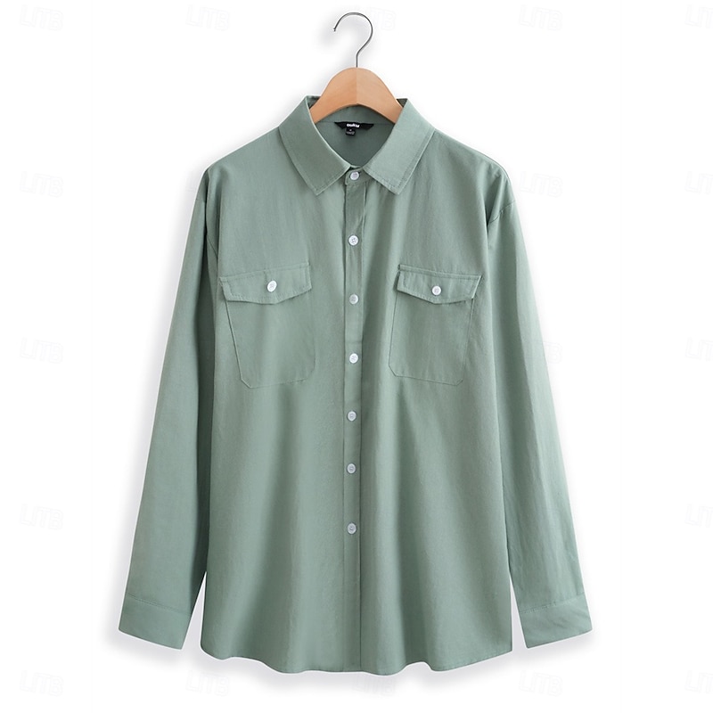 Men's Shirt Linen Shirt Summer Shirt Beach Wear Western Shirt Button Up Shirt Solid Color Vacation Street White Green Khaki Light Blue Long Sleeve Fold-over Collar Summer Clothing Apparel Pocket4