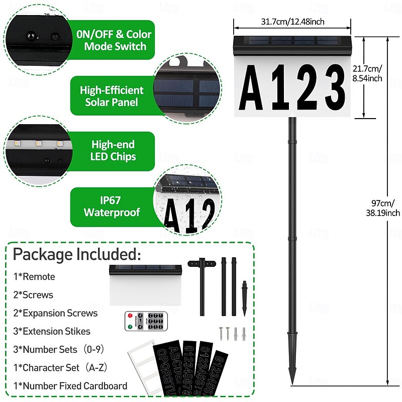 1 Pc Outdoor Solar Adress Lights Wall Lights Rgb Color Changing Door Number Light Wall Mounted And Ground Plugged In Two Remote Control Methods For Controlling Street Signs, Porch Lighting2