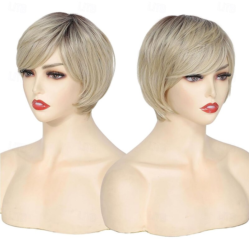 Ombre Blonde Wig Pixie Wig with Bangs for Daily Use or Cosplay Natural Straight Layered Synthetic Hair Short Wigs for Women Ladies2