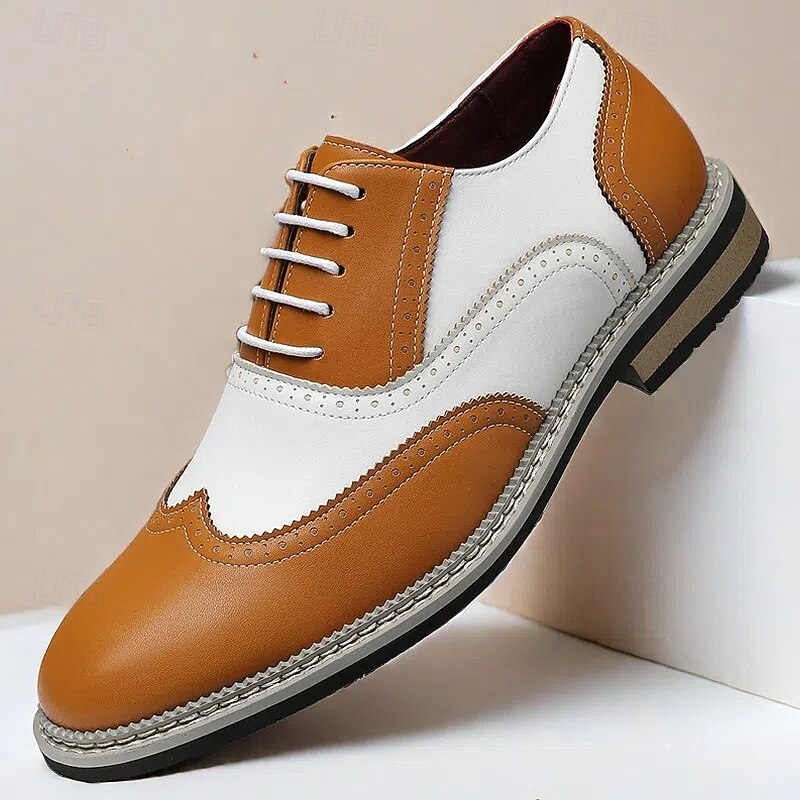 Men's White and Tan Faux Leather Brogue Shoes with Blue Accents – Trendy Prom Shoes for Stylish Men