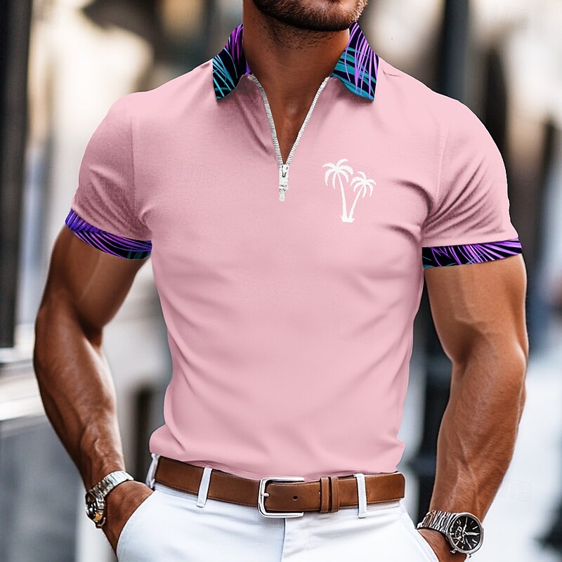 Men's Palm Tree Zip Polo Short Sleeve Turndown Vacation Casual Daily Sports & Outdoor Athleisure Casual Daily Zipper Summer Amethyst Pink Black2