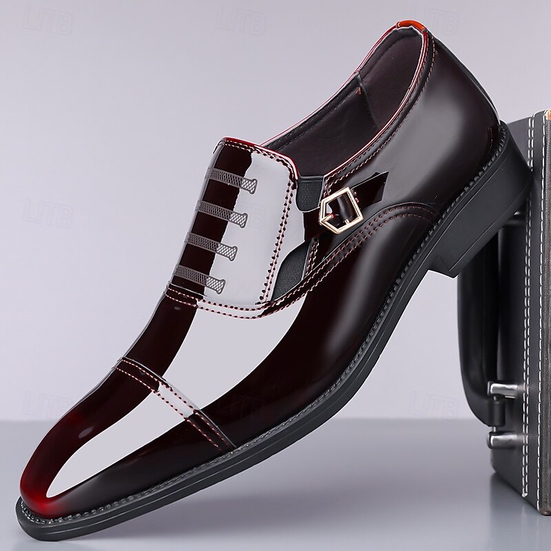 Men's Dress Shoes - Black and White Patent Leather Shoes with Buckle for Weddings, Galas and Dance Parties