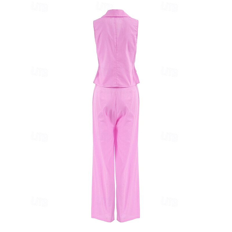 Women's Active Basic Cotton Linen Sets Vest Pants Sets Sleeveless Shirt Collar Solid Color Dubbele Rij Knopen Outdoor Date Pink Blue Summer Regular Fit4