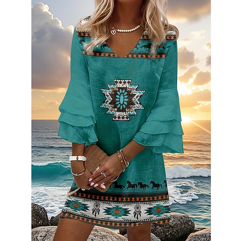 Women's Mini Dress Sundress A Line Dress Vacation Casual Boho Going out Beach Regular Fit Graphic Tribal 3/4 Length Sleeve V Neck Green Summer Spring