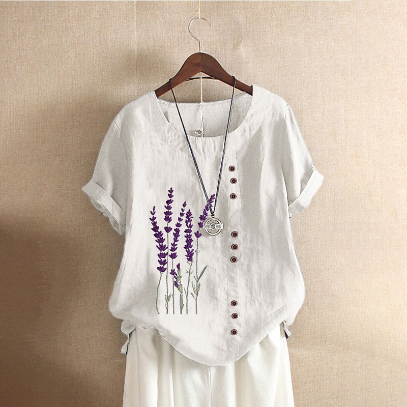 Women's Blouse Cotton Linen Shirts Flower Basic Casual Short Sleeve Crew Neck Regular Tops Daily Holiday Going out Print White Yellow Blue Purple Summer3