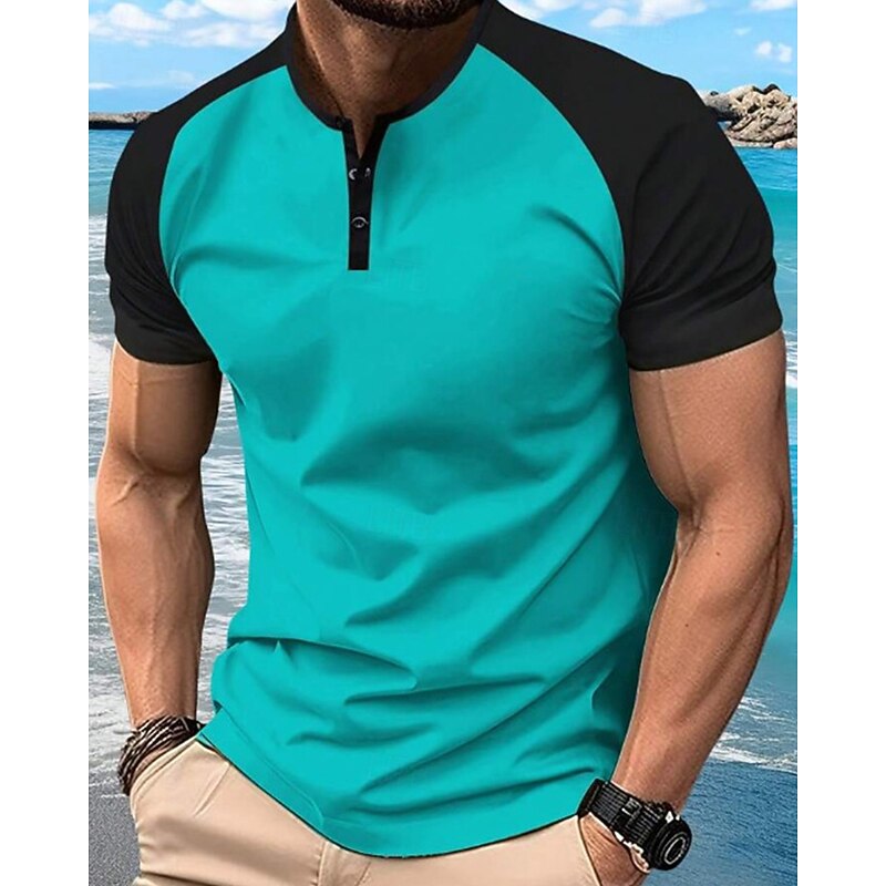 Men's Golf Shirt Golf Polos Shirts Work Casual Henley Short Sleeve Basic Modern Color Block Patchwork Buttons Summer Regular Fit Dark Red Orange Green Military Green Grey Golf Shirt