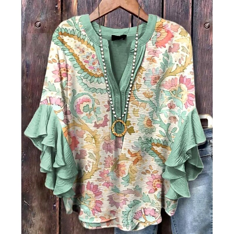 Women's Blouse V Neck Layered Ruffle Sleeve Tops Floral Graphic Daily Stylish Casual 3/4 Length Sleeve Regular Tops Daily Holiday Vacation Wear Print White Dusty Blue Green Rose Pink Summer Spring