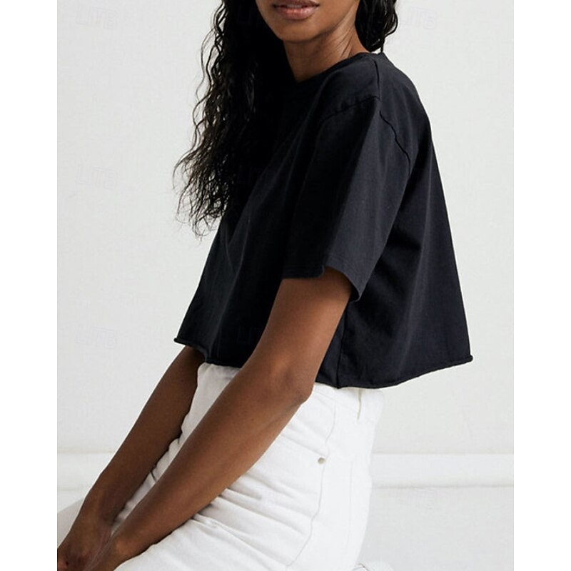 Women's Blouse Plain Modern Short Sleeve Crew Neck Crop Tops Holiday Going out Black Blue Green Summer4