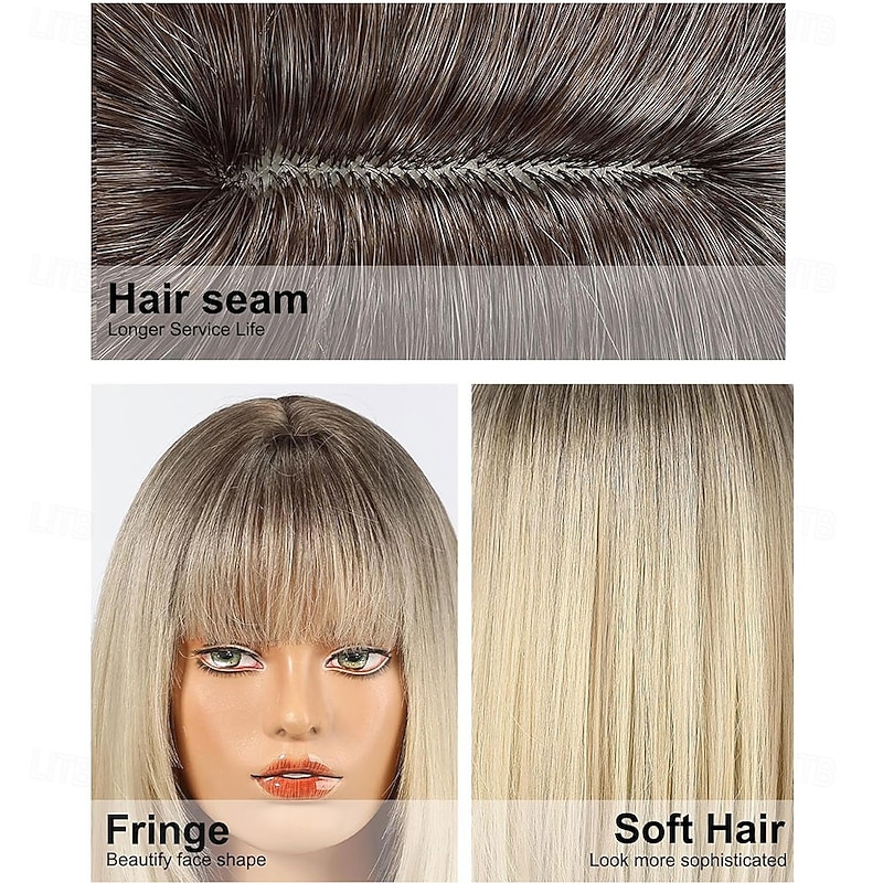 Staright Wig with Fringe Synthetic Mid-length Layered Wigs for Women Blonde Color4