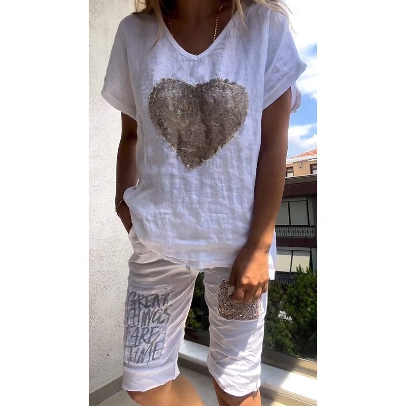 Women's EU / US Size Linen-Inspired Sets Two Piece Sets Bolero Top Half Sleeve V Neck Heart Patchwork Going out Casual Daily Black White Pink Summer Regular Fit