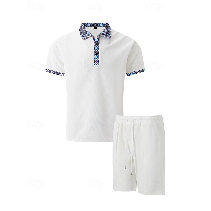 Men's Waffle Shirt T-shirt Suits 2 Pieces Outfits Tee & Shorts Short Sleeve Lapel Summer Plain Fashion Casual Patchwork 2 Piece Vacation Daily Wear Going out Black White Royal Blue Top Tee for Men2